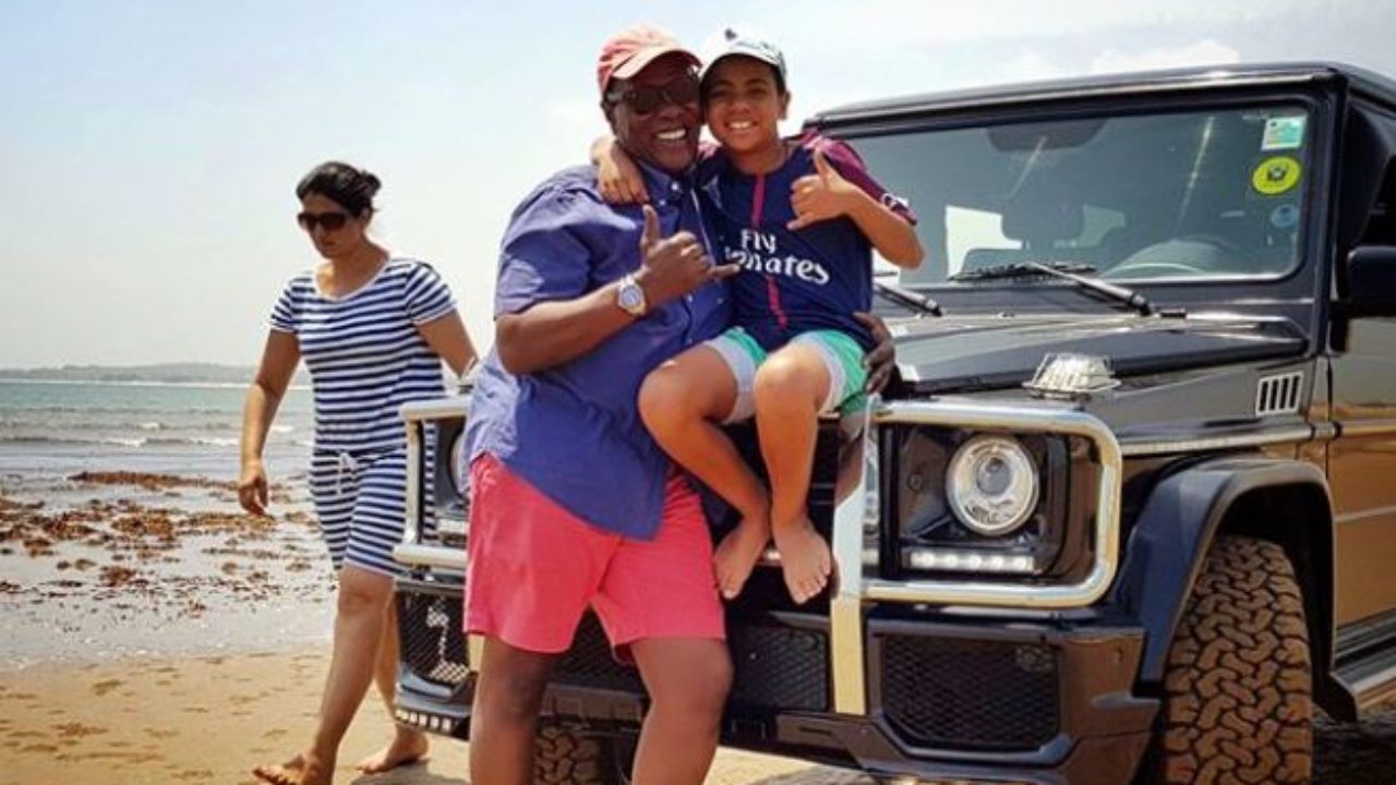 Citizen TV Presenter Jeff Koinange and his son Jamal and the anchor's Mercedes Benz G-Wagon at Watamu. |Photo| Courtesy|