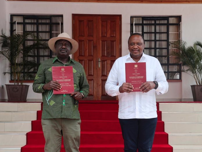 President Uhuru Kenyatta and former Prime Minister Raila Odinga at the new Kisii State Lodge after they received the Building Bridges Initiative (BBI) report on October 21, 2020