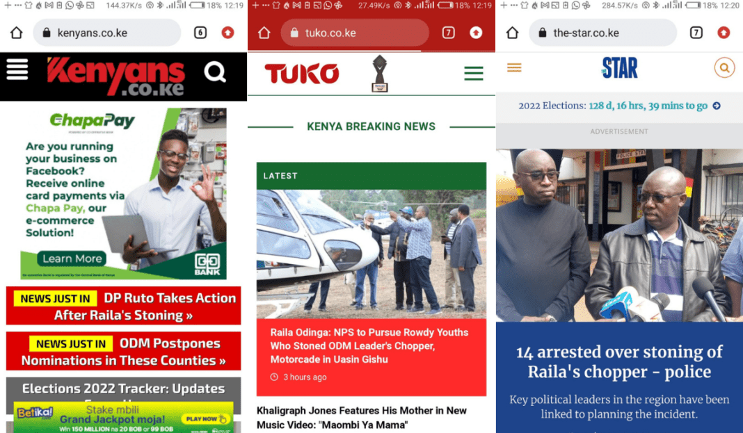 Collage image of websites; Kenyans.co.ke, Tuko, and The Star home pages. |Courtesy| The Star/Kenyans/Tuko|