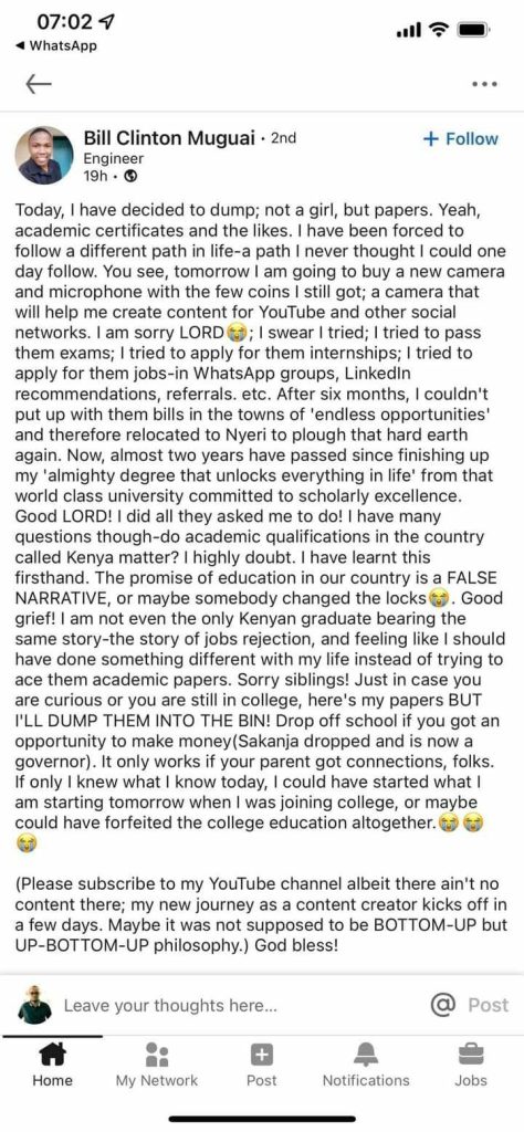 Bill Clinton Muigai: First Class Engineering Graduate Who Scored ‘A’ In KCSE Plans To Burn His Certificates After Being Jobless For Two Years