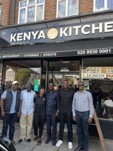 ODM Leader Raila Odinga with his entourage outside the Kenya Kitchen restaurant in London, U.K.