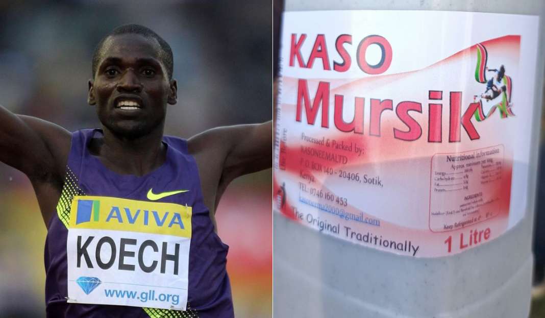 Collage image of Paul Kipsiele Koech and the branded Kaso Mursik. |Courtesy| World Athletics/ Facebook|