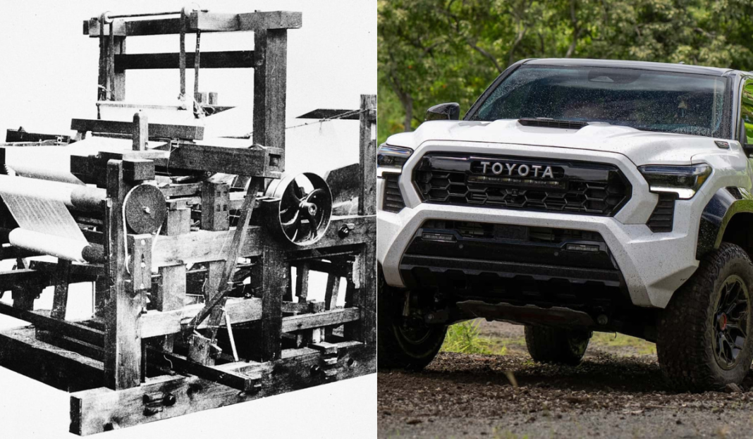 Collage image of the Toyoda Loom Works Weaving Machine and a Toyota double cabin pickup.