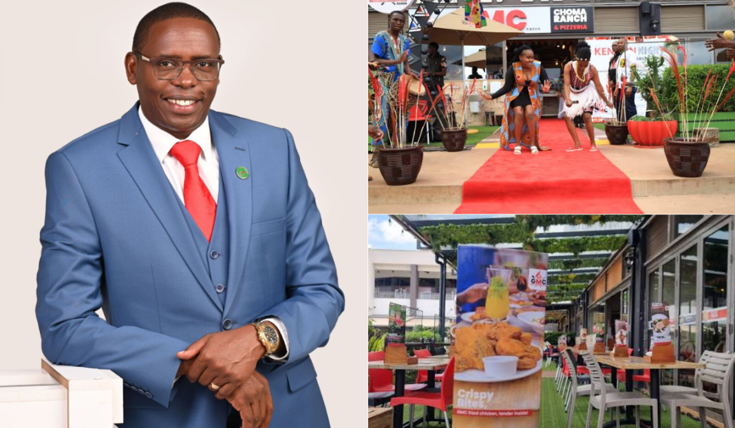 Collage image of Optiven Limited founder and CEO George Wachiuri, and the GMC Choma Ranch and Pizzeria - Karen. |Courtesy| Optiven/GMC Karen|