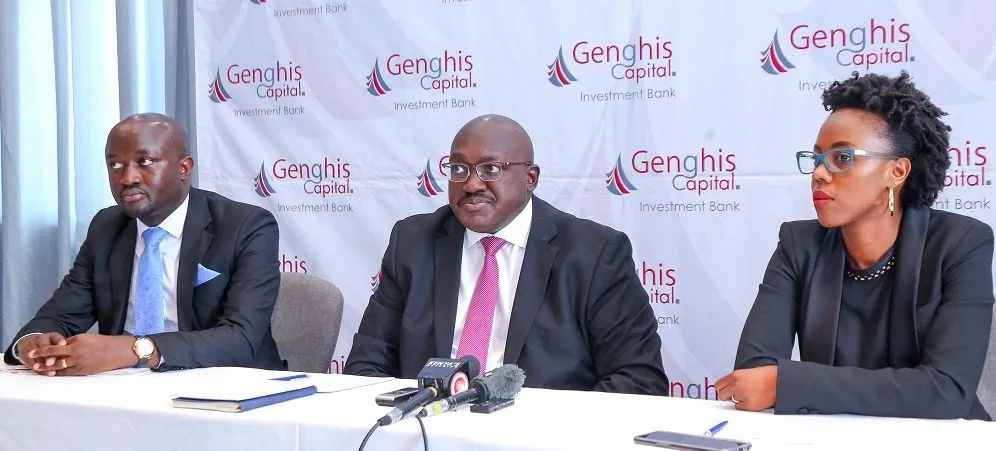 Genghis Capital CEO Geoffrey Gangla (centre), Head of Research Joy D’Souza and Research Analyst Churchill Ogutu. |Photo| Courtesy|