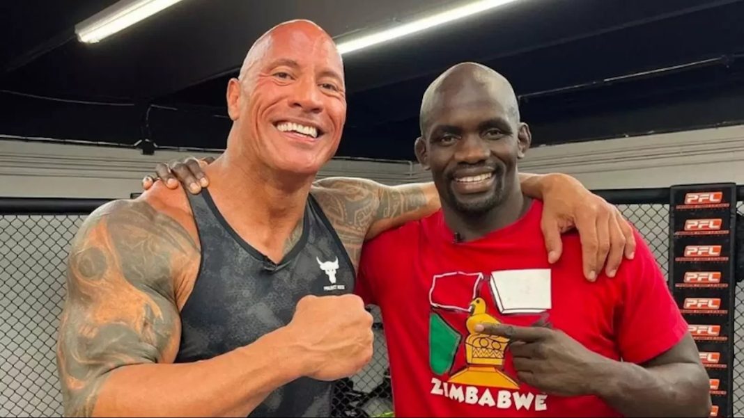 Zimbabwean UFC fighter Themba Gorimbo and WWE and Hollywood star Dwayne 'The Rock' Johnson. |Photo| Courtesy|