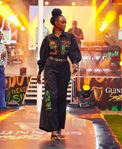 Model Mary Wangui showcases a Guinness Smooth inspired piece by designer and stylist Martin Emojong at the Guinness Smooth Launch held at Konqa 254 in Ruaka on 24th April.