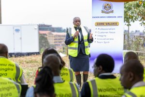 Equity Bank Associate Director for Public Sector and Institutions, Ambassador Mary Mugwanja speaking during the launch of a week-long countrywide tree-planting initiative, as part of build-up activities, ahead of World Teachers’ Day on October 5