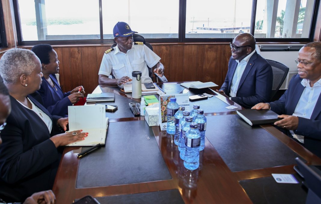 Kenya Ports Authority Managing Director Captain William Kipkemboi Ruto (in cap) engages the Equity Bank Kenya delegation led by Managing Director Moses Nyabanda during their visit, as they discuss emerging opportunities within the country’s logistics and port ecosystem.