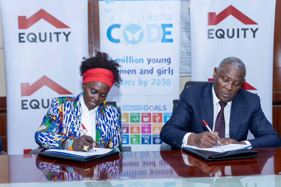 From left to right: Founder and CEO of iamtheCODE, Lady Mariéme Jamme, and Equity Group Foundation Executive Chairman, Dr. James Mwangi, during the signing of a strategic partnership between iamtheCODE and Equity Group Foundation