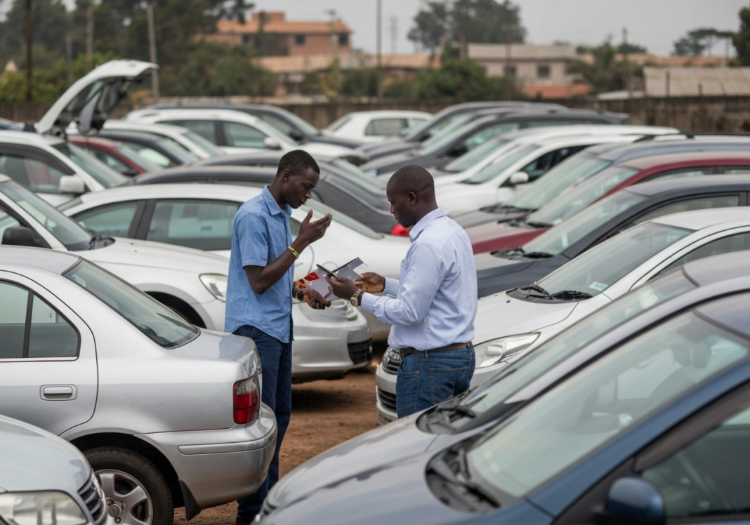 A buyer negotiating a car sale at a yard.