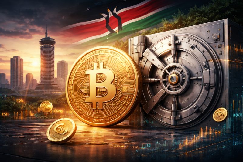 Cinematic illustration of the Nairobi skyline and a 3D Bitcoin coin, representing the 2026 Virtual Asset Service Providers (VASP) Regulations and bank reserve mandates in Kenya