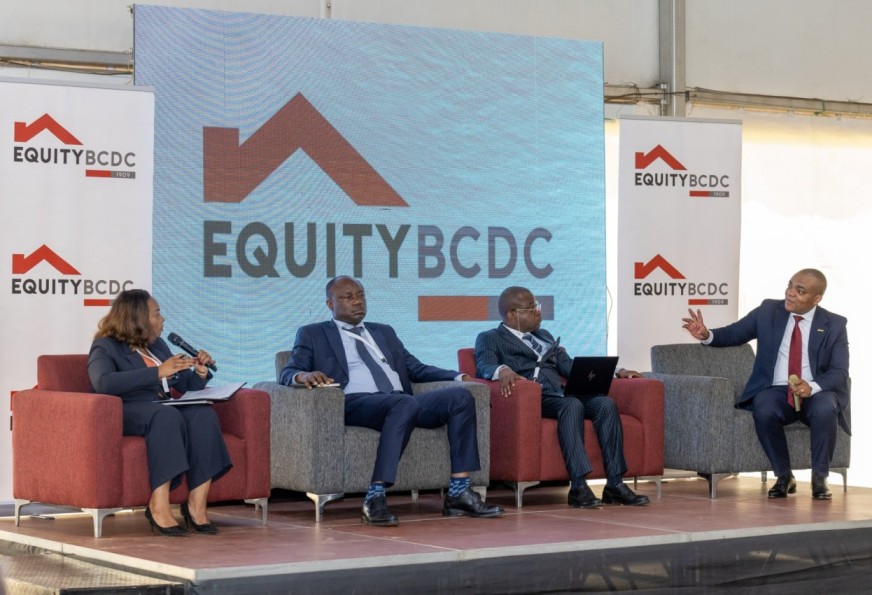 (L-R) Head of the National Agency for the Promotion of Investments (ANAPI) Ladia Wabiwa, President of the Federation of Congolese Agribusinesses (AGRICOS) Eric Lwamba Mayanga and Michel Kinkele Orelis, a finance specialist with extensive experience in accounting and auditing based in Lubumbashi, during a panel discuion moderated by Paty-Paterne Mushagalusa, Associate Director for Commercial Projects at Equity BCDC at Pullman Hotel in Lubumbashi.