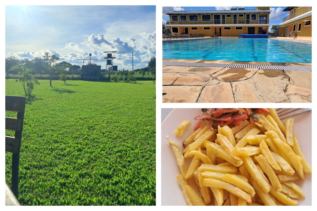 A three-panel collage of Koma Gardens Resort. Left: expansive lush green gardens and landscape under a bright sky. Top right: a pristine blue swimming pool with a stone deck and a two-story building in the background. Bottom right: a plate of golden fries served with fresh kachumbari salad.