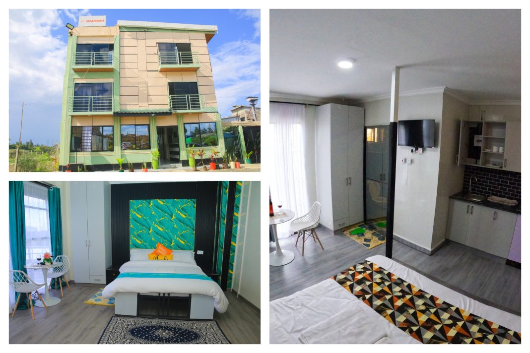 A three-panel collage of Micaphonia Suites in Kware, Kenya, contrasting the straightforward multi-story exterior facade with two distinct wide-angle interior views of a modern, colorful guest suite featuring a unique patterned bed, dining nook, TV wall, and full kitchenette.