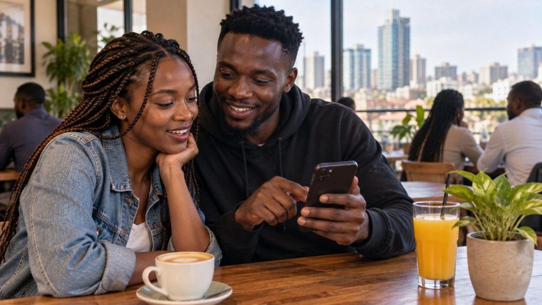 Friendly scene of a first-time Kenyan player being shown a phone by a friend, warm natural light.