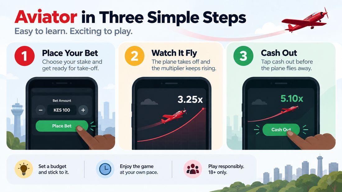 Three-step infographic explaining the Aviator game for beginners in Kenya, clean labels.